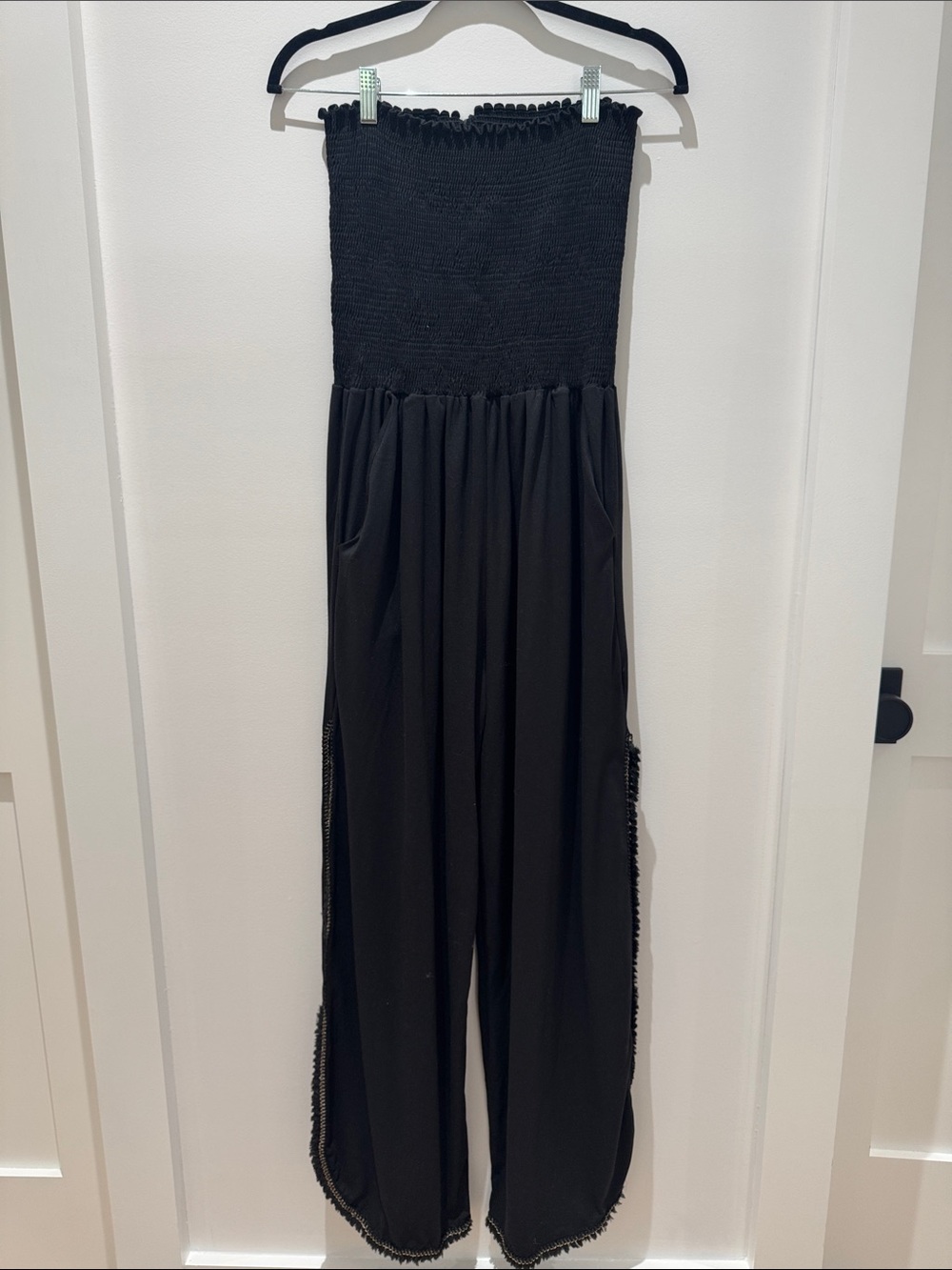 Peixoto Black Strapless Smocked Jumpsuit with Fringe